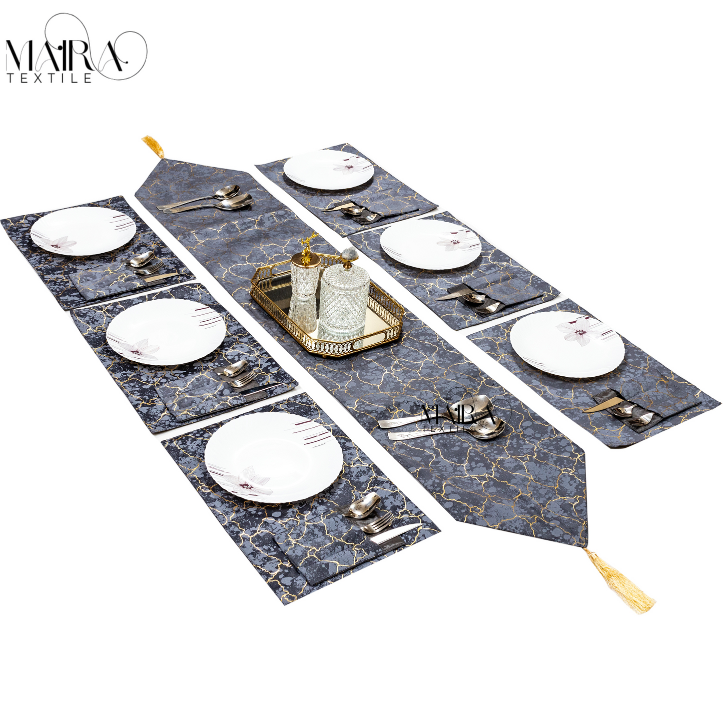 Marble Vein Charcoal Gold Table Set