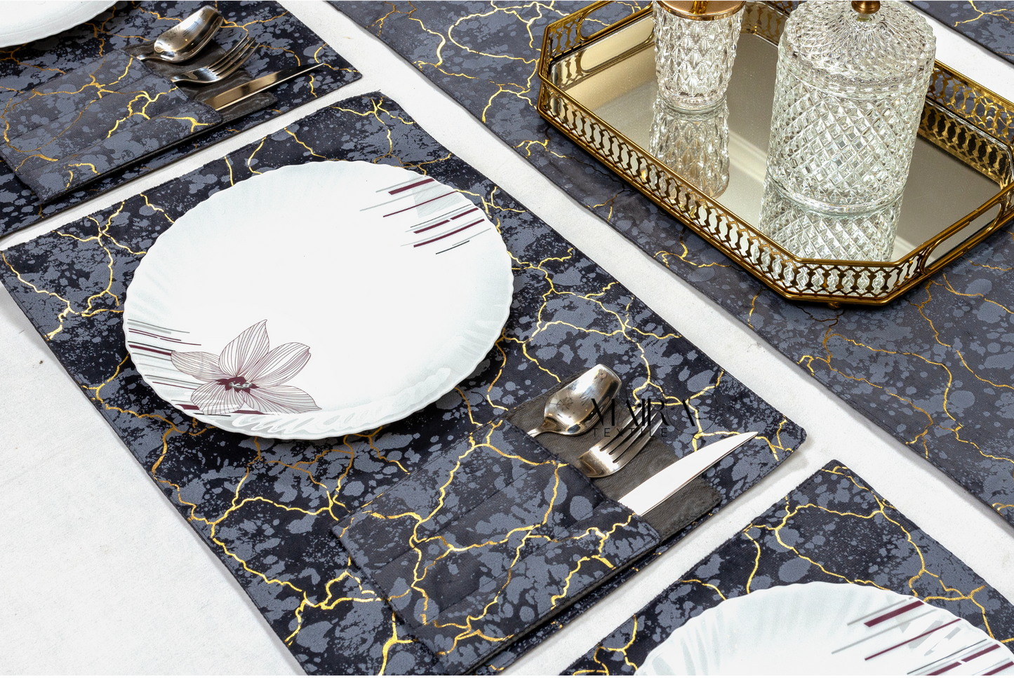 Marble Vein Charcoal Gold Table Set