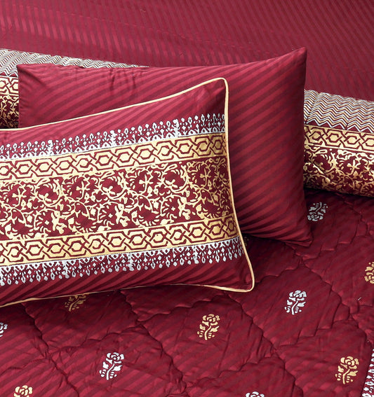 Maroon Cotton Satin Bridal Comforter Set – 8 Pieces (Block Printed)