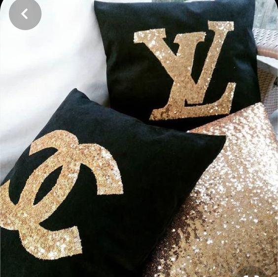 Sequence LV Chanel Black And Golden Velvet Cushion Cover 3Pcs Set, Size 16+16 Inch - Maira Textile