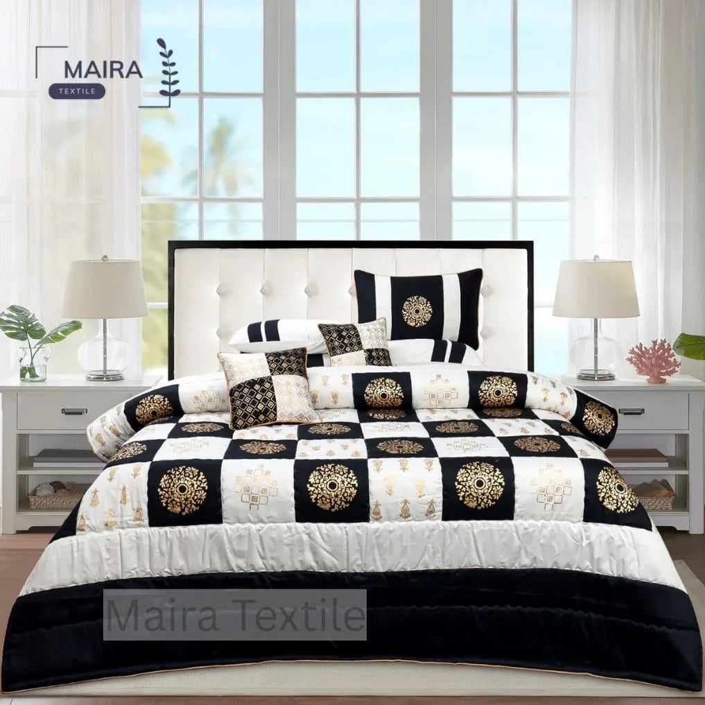 8 Pcs Bridal Bed Sheet Comforter Set Cotton Sateen Block Printed Patch Work– Black And White