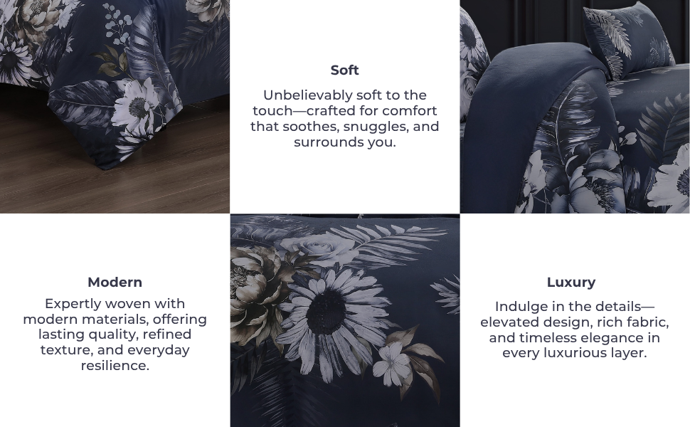 Forget Me Not 100% Cotton Sateen 5 Piece Comforter Set, Reversible, Polyfilla, Dark Blue Floral Printed Pattern, 1 Comforter, 2 Shams, 2 Pillows (King/Queen)
