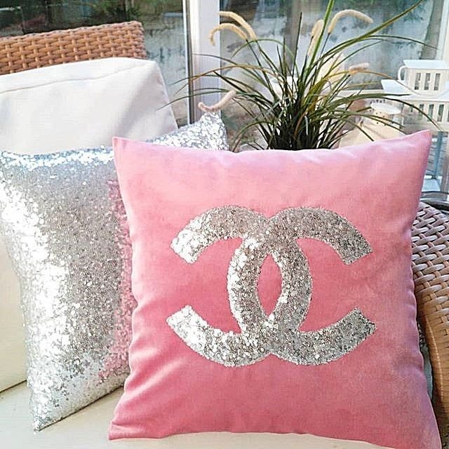 Sequence Chanel Pink And Silver Velvet Cushion Cover 2Pcs Set, Size 16+16 Inch