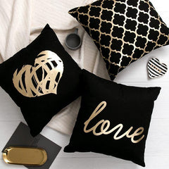 Love,Geomatric & Hart Black And Golden Velvet Cushion Cover 3Pcs Set, Size 16+16 Inch - Maira Textile