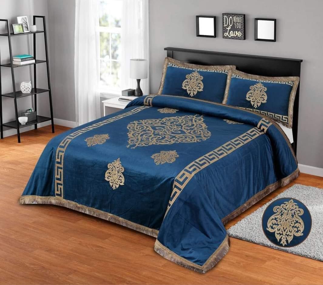 Navy Blue Velvet Bedsheets Laser Cutting Motive Design With 2 Pillow Cover - Maira Textile