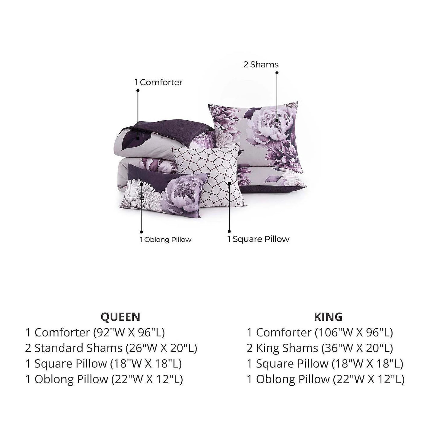 Plum Petal Bedding 100% Cotton Sateen 5 Piece King and Queen Size Reversible Comforter Set