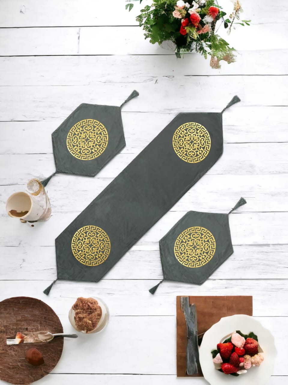 Luxury Laser Cut Velvet Runner Mat Set 3 PCs Table Mats By Maira Textile