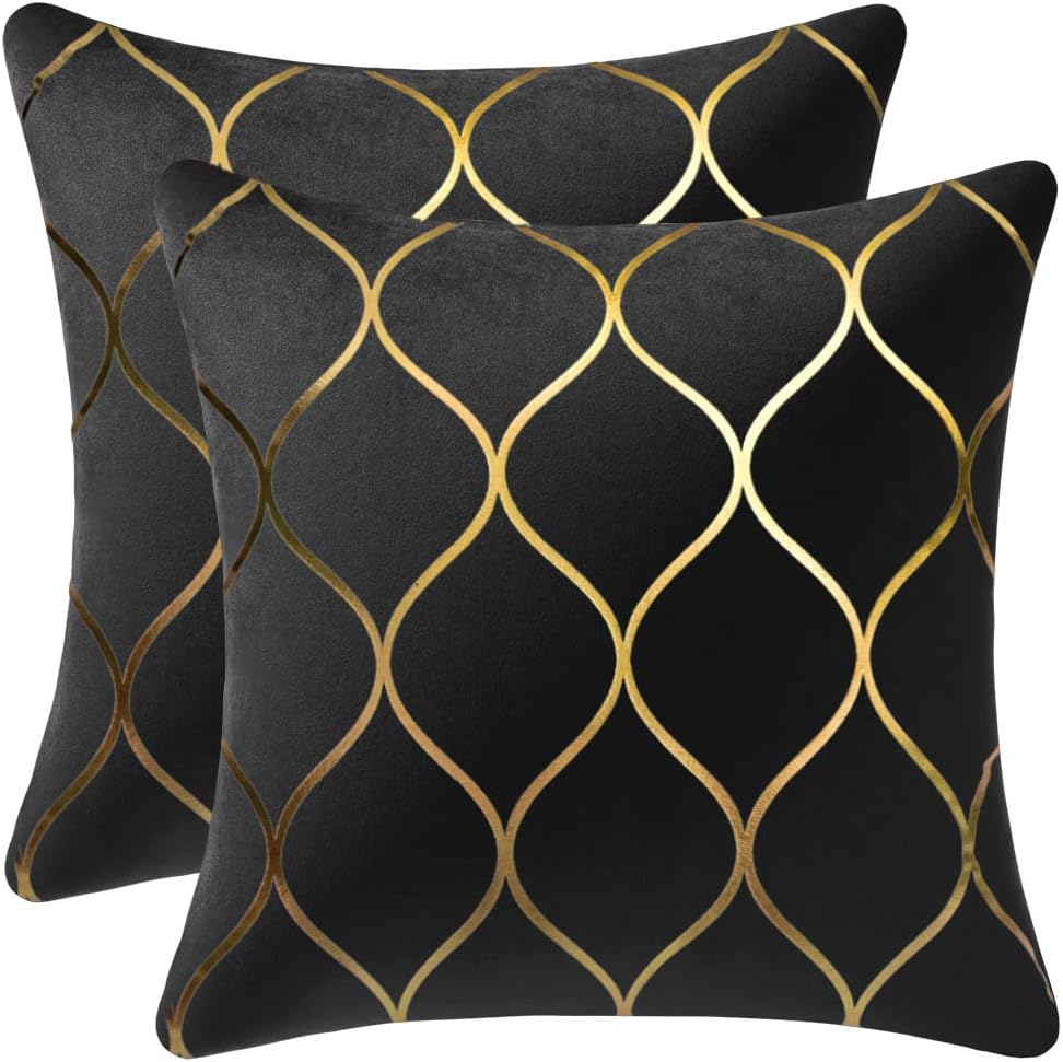 MairaTextile 16x16 Inch Gold Velvet Throw Pillow Covers: 2 Pack Square Decorative Pillow Cases for Bedroom Sofa Couch Living Room