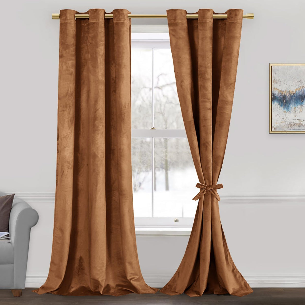 Polish Brown Luxury Laser Work Curtains With Velvet Fabrics Each Panel Size 52×90 Inches