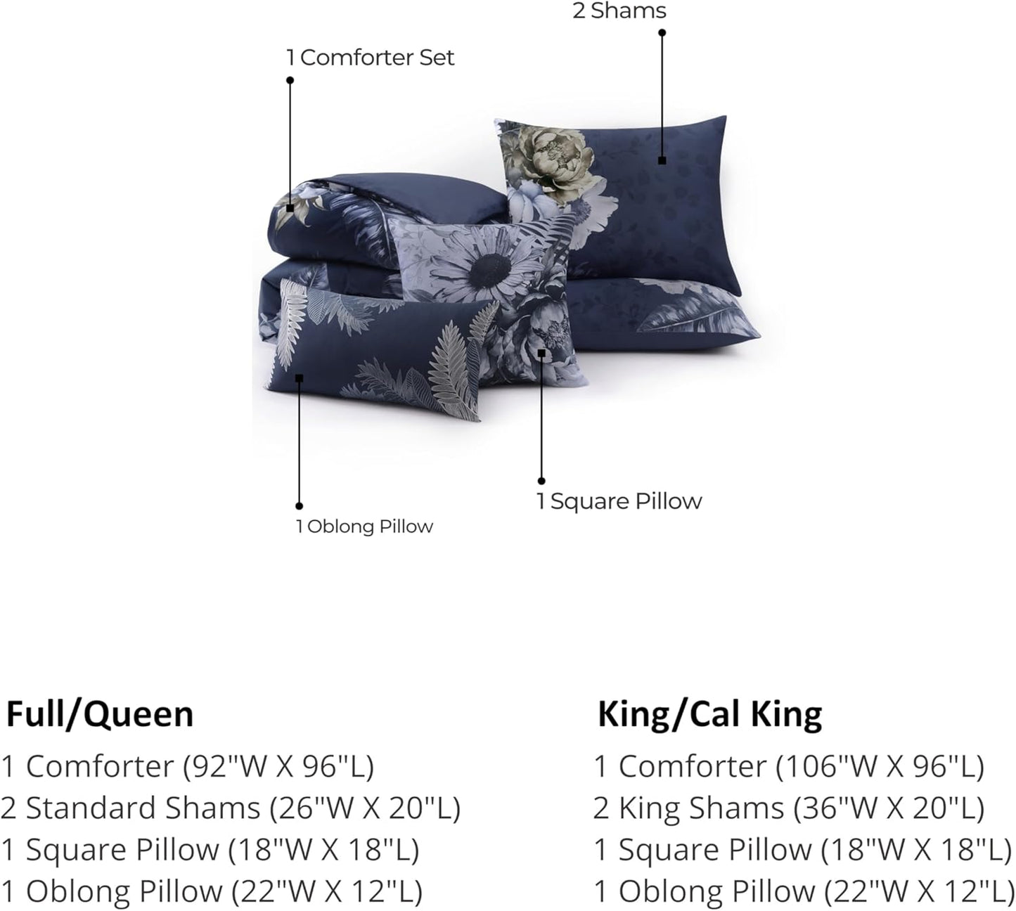 Forget Me Not 100% Cotton Sateen 5 Piece Comforter Set, Reversible, Polyfilla, Dark Blue Floral Printed Pattern, 1 Comforter, 2 Shams, 2 Pillows (King/Queen)