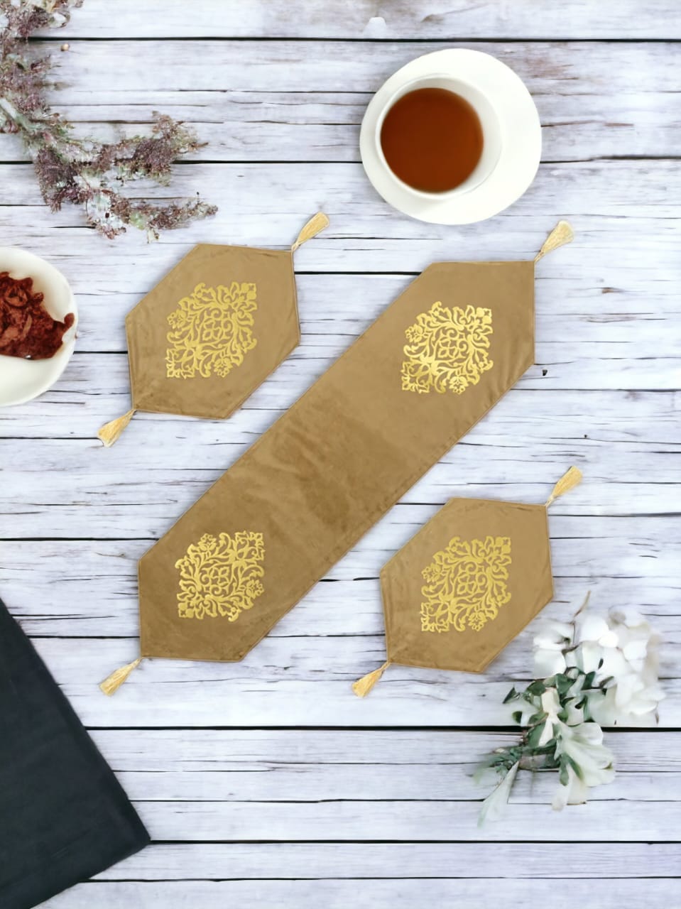 Luxury Laser Cut Velvet Runner Mat Set 3 PCs Table Mats By Maira Textile