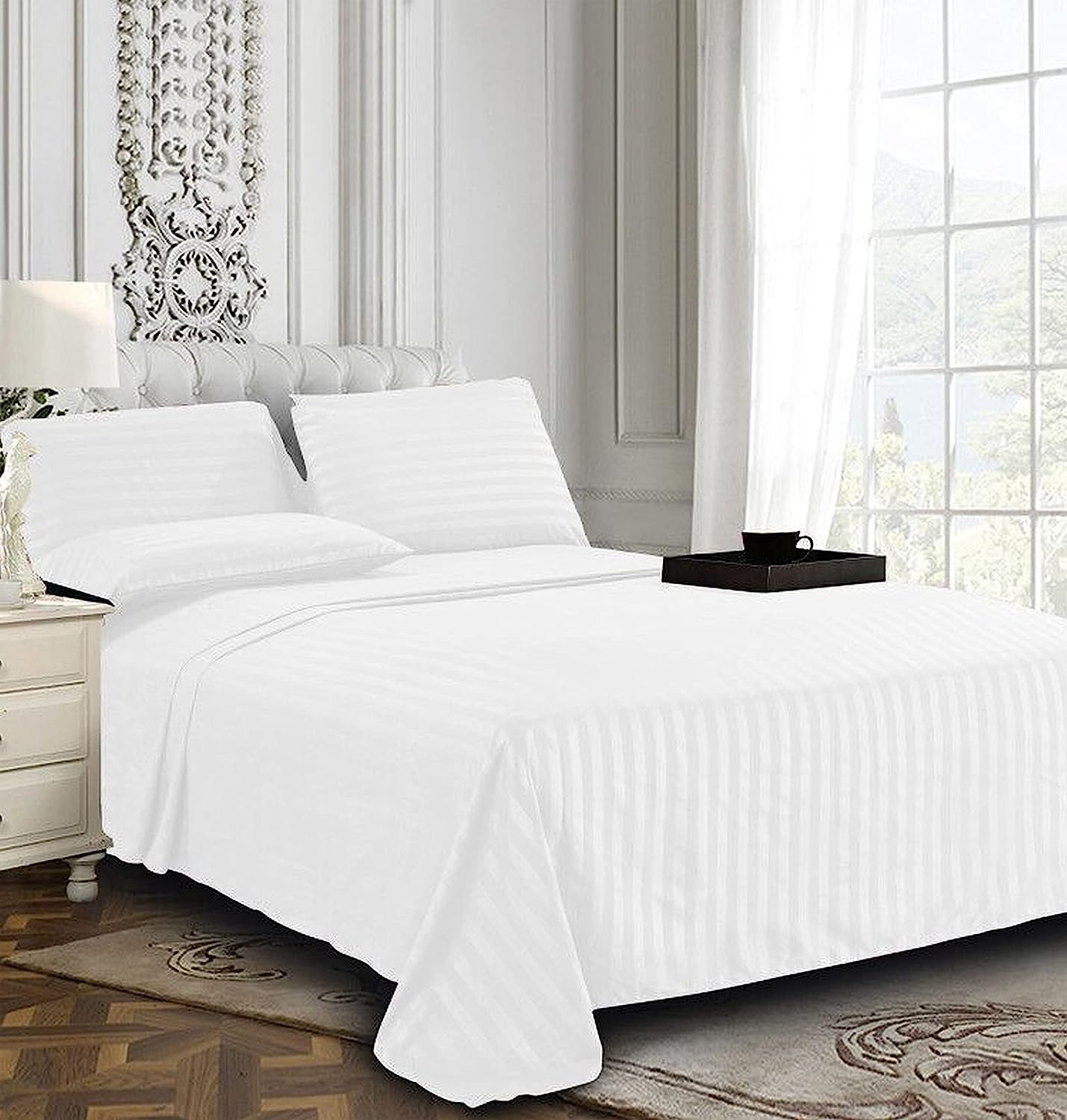 Satin Stripe Double Bed Sheet White Colour