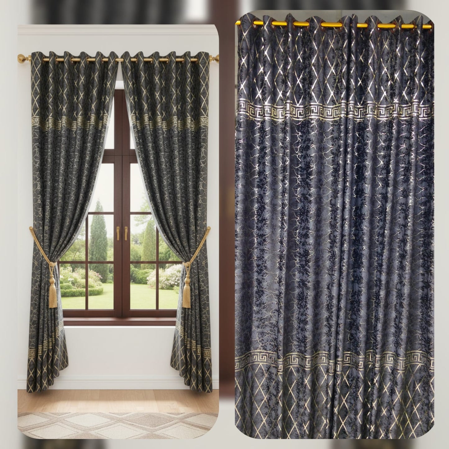 Glittered Velvet Textured Curtains Pair