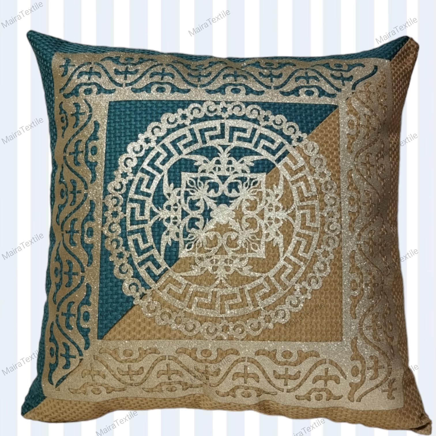 Teal And Golen Jout Cushion Cover 16×16 Inches Laser Applique Work - Maira Textile