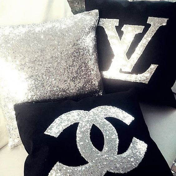 Sequence LV Chanel Black And Silver Velvet Cushion Cover 3Pcs Set, Size 16+16 Inch