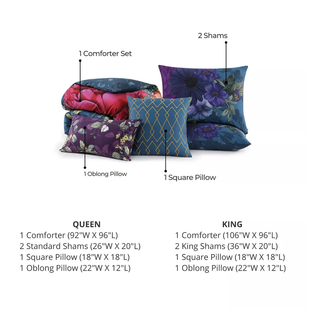 Vibrant Flora 100% Cotton 5 Piece Reversible Comforter Set - King And Queen