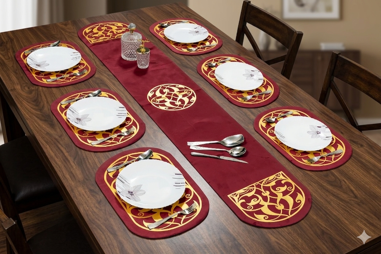 Opal Velvet Maroon Applique Table set