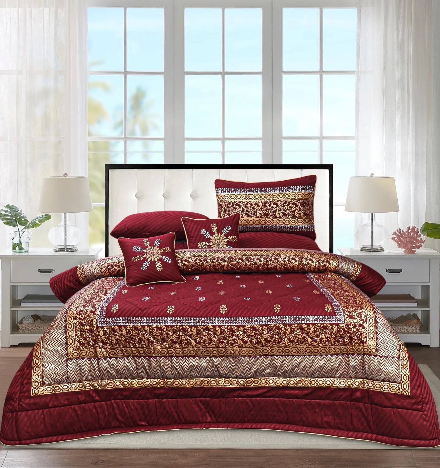 Maroon Cotton Satin Bridal Comforter Set – 8 Pieces (Block Printed)