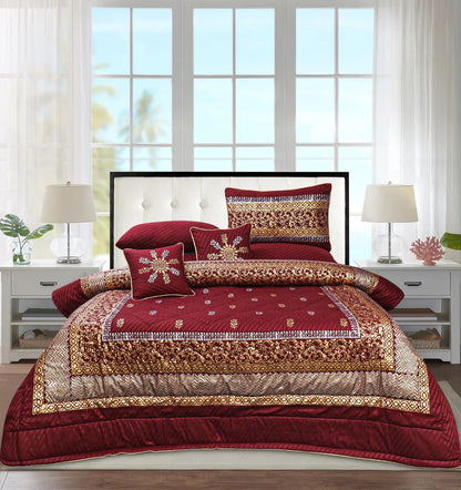 Maroon Cotton Satin Bridal Comforter Set – 8 Pieces (Block Printed)