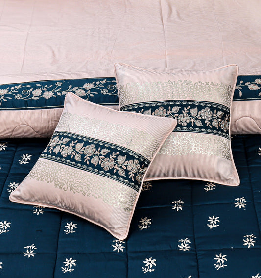 Blue & Pink Cotton Satin Bridal Comforter Set – 8 Pieces (Block Printed)