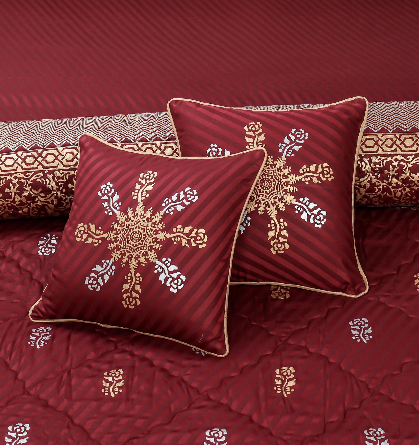 Maroon Cotton Satin Bridal Comforter Set – 8 Pieces (Block Printed)