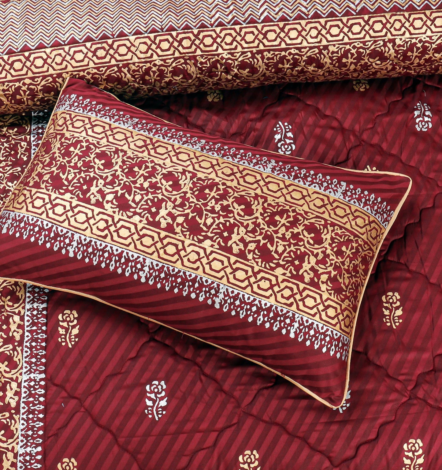 Maroon Cotton Satin Bridal Comforter Set – 8 Pieces (Block Printed)