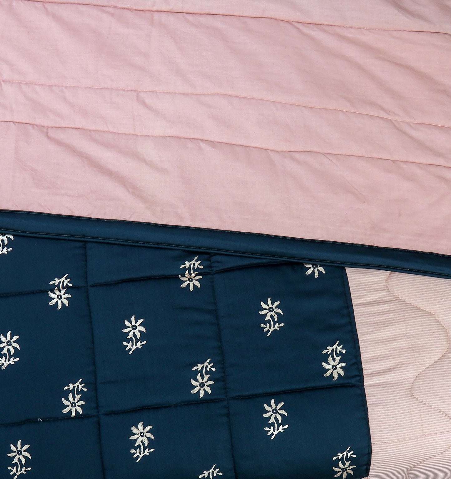 Blue & Pink Cotton Satin Bridal Comforter Set – 8 Pieces (Block Printed)