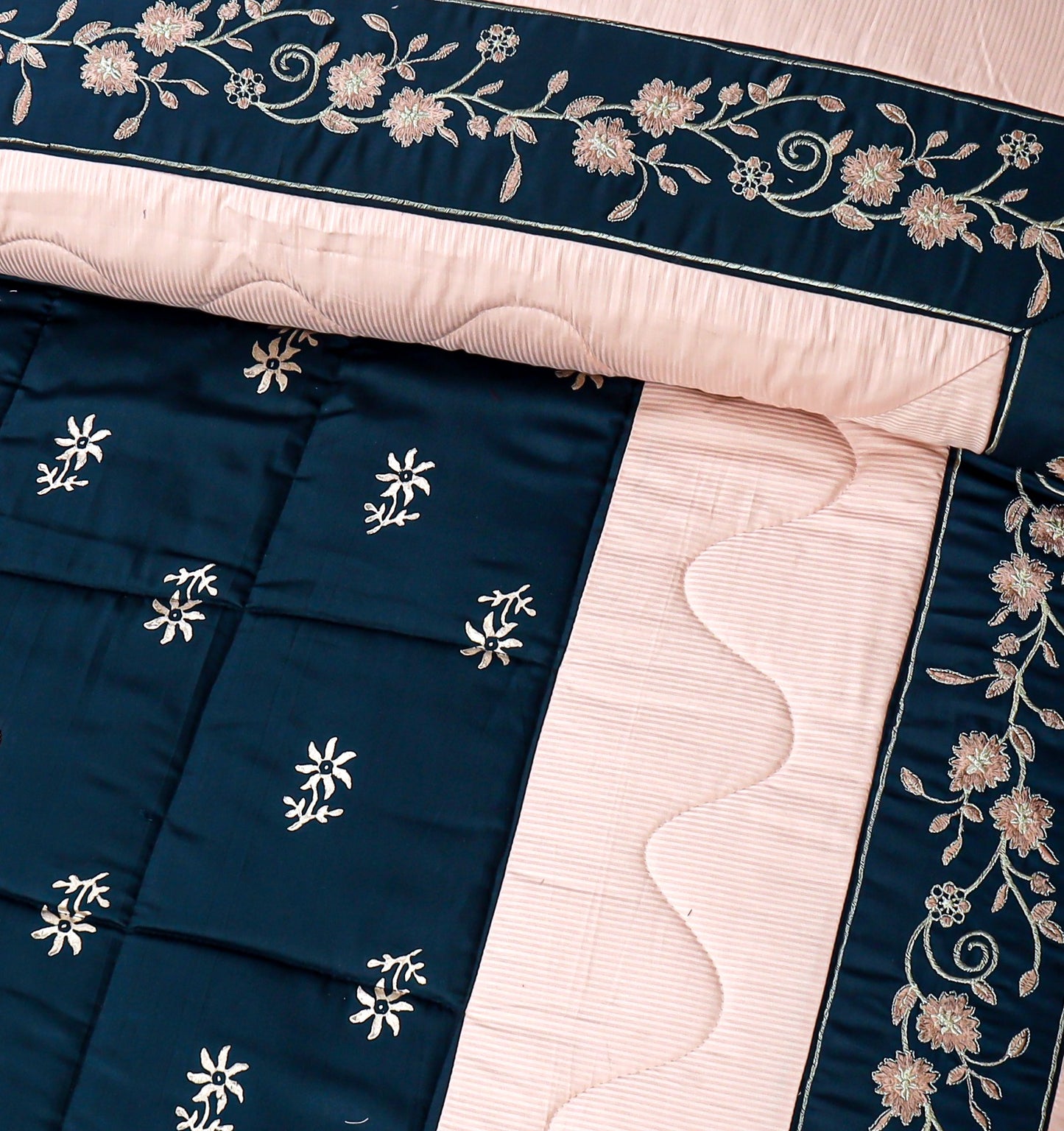Blue & Pink Cotton Satin Bridal Comforter Set – 8 Pieces (Block Printed)