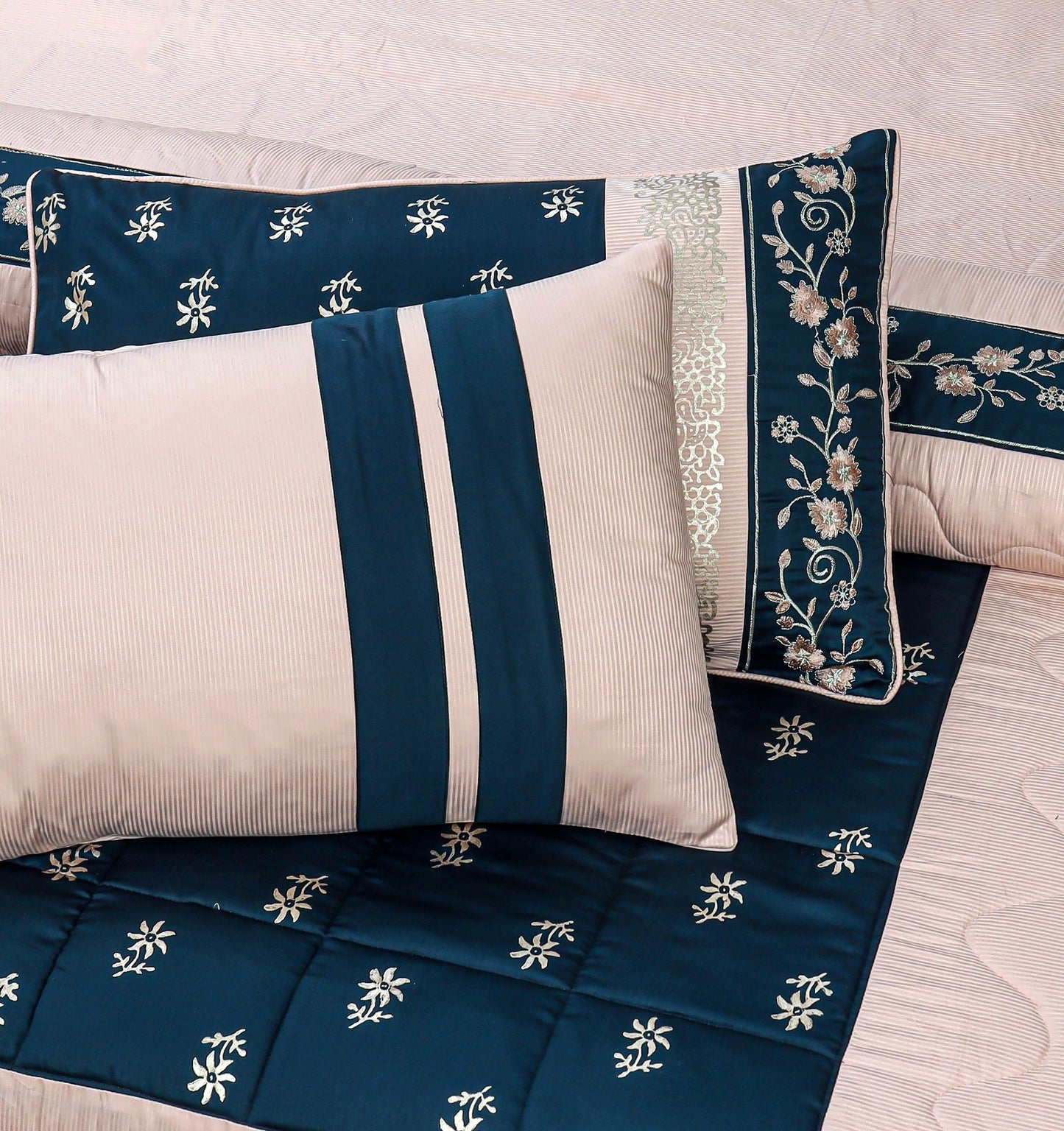 Blue & Pink Cotton Satin Bridal Comforter Set – 8 Pieces (Block Printed)