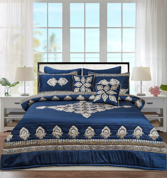 Blue & White Silk Satin Bridal Comforter Set – 8 Pieces (Block Printed)