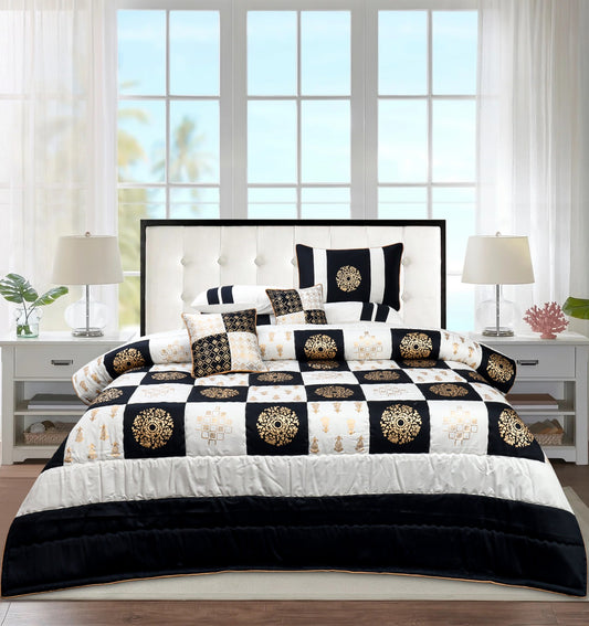 Black & White Cotton Satin Bridal Comforter Set – 8 Pieces (Block Printed with Patchwork)