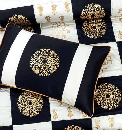 Black & White Cotton Satin Bridal Comforter Set – 8 Pieces (Block Printed with Patchwork)