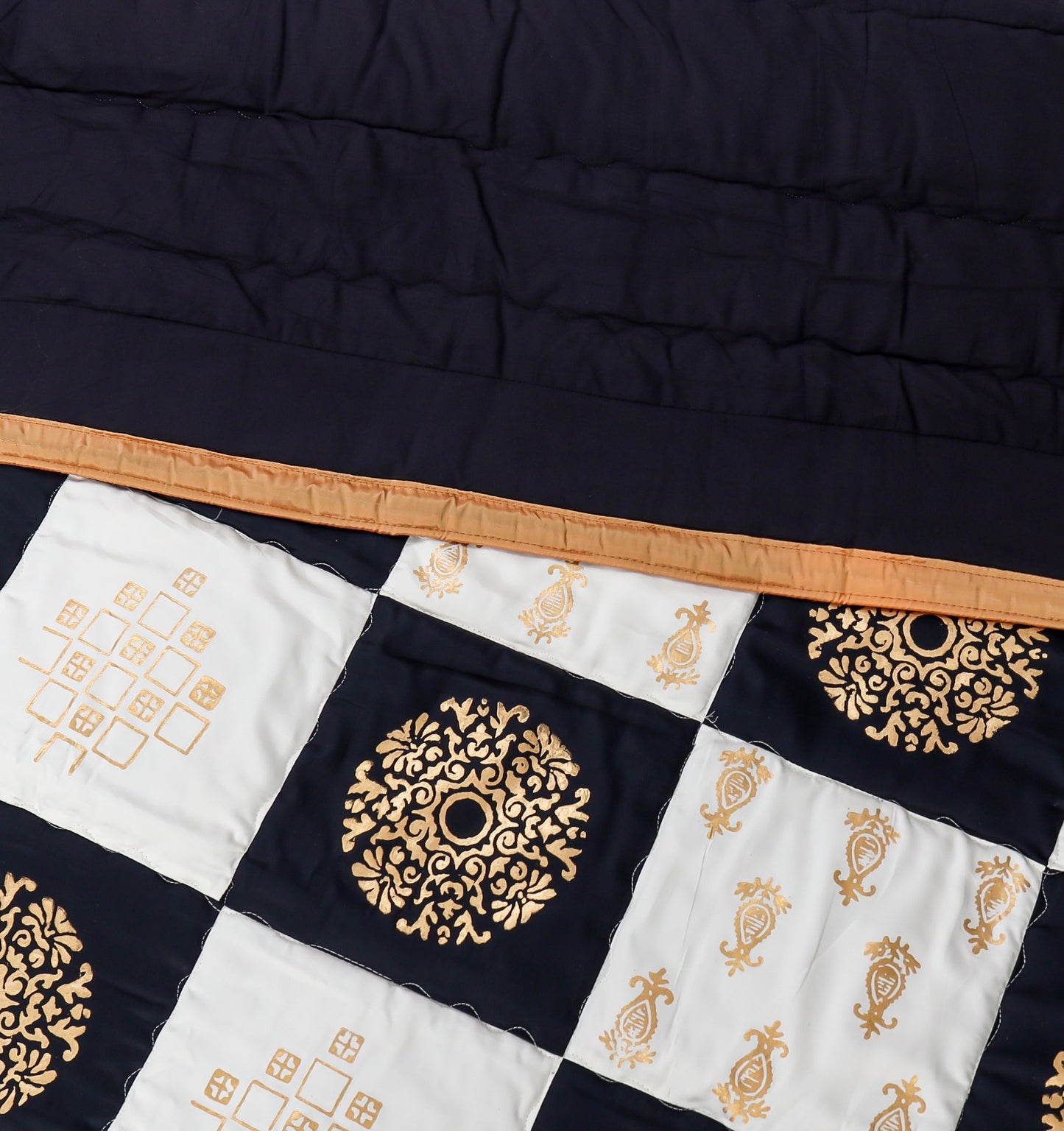 Black & White Cotton Satin Bridal Comforter Set – 8 Pieces (Block Printed with Patchwork)