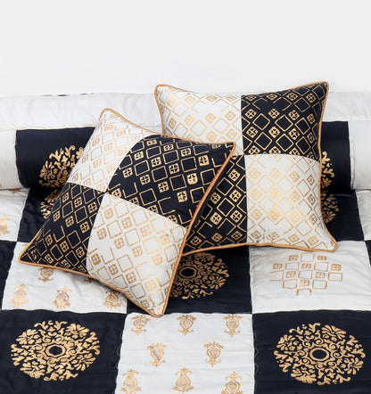 Black & White Cotton Satin Bridal Comforter Set – 8 Pieces (Block Printed with Patchwork)