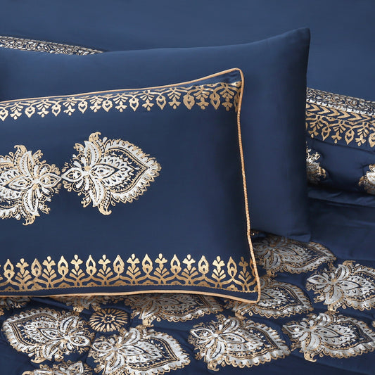 Blue & White Silk Satin Bridal Comforter Set – 8 Pieces (Block Printed)