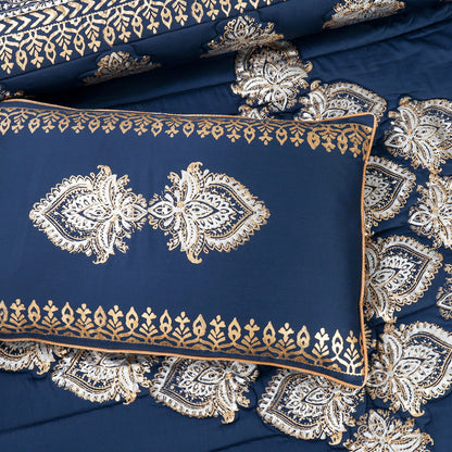 Blue & White Silk Satin Bridal Comforter Set – 8 Pieces (Block Printed)