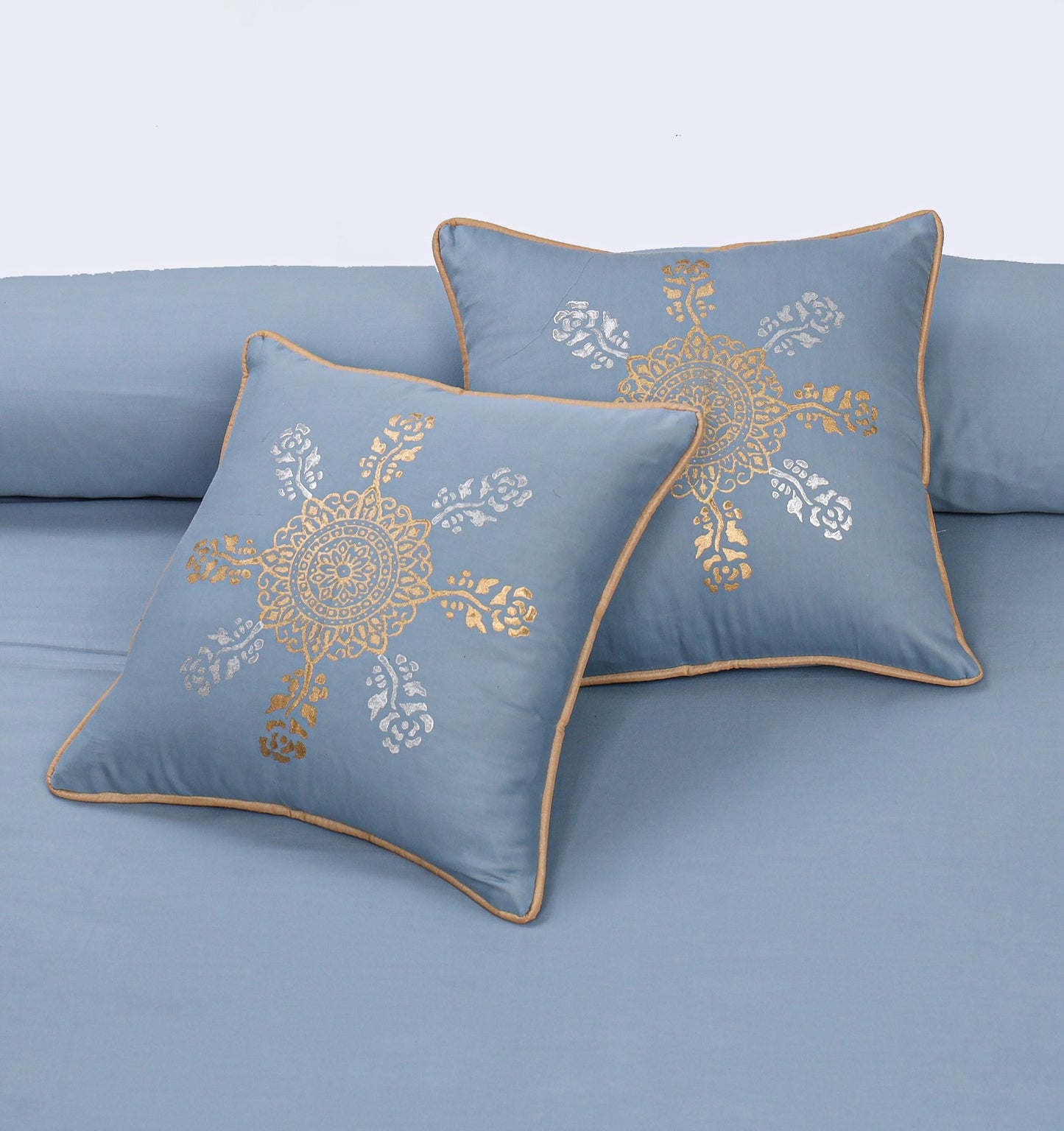 Luxury Sky Gold Duvet / Razai Cover Set – 8 Pieces (Block Printed)