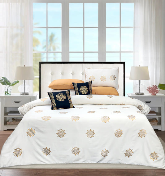 Luxury White & Golden Duvet / Razai Cover Set – 8 Pieces (Block Printed)