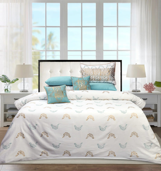 Luxury White & Sea Green Duvet / Razai Cover Set – 8 Pieces (Block Printed)
