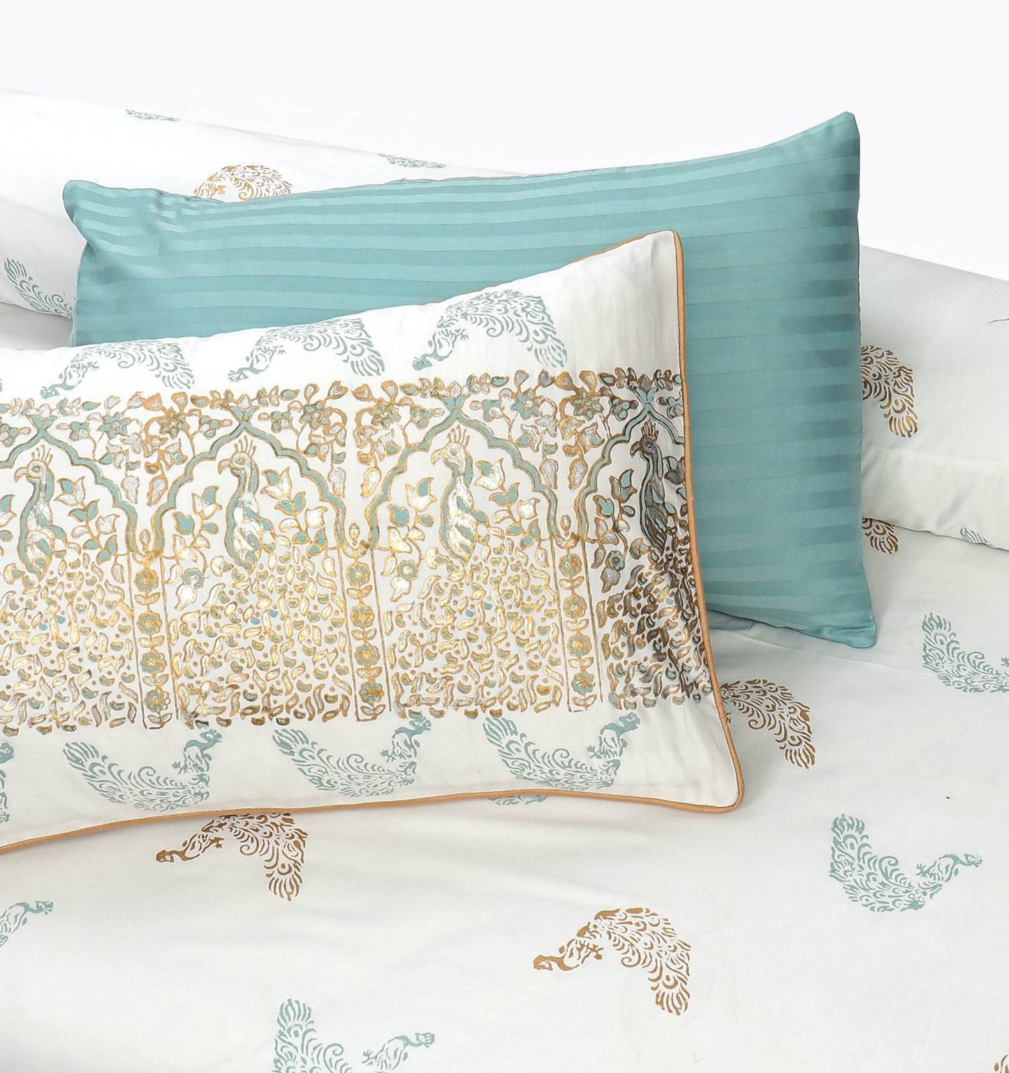 Luxury White & Sea Green Duvet / Razai Cover Set – 8 Pieces (Block Printed)