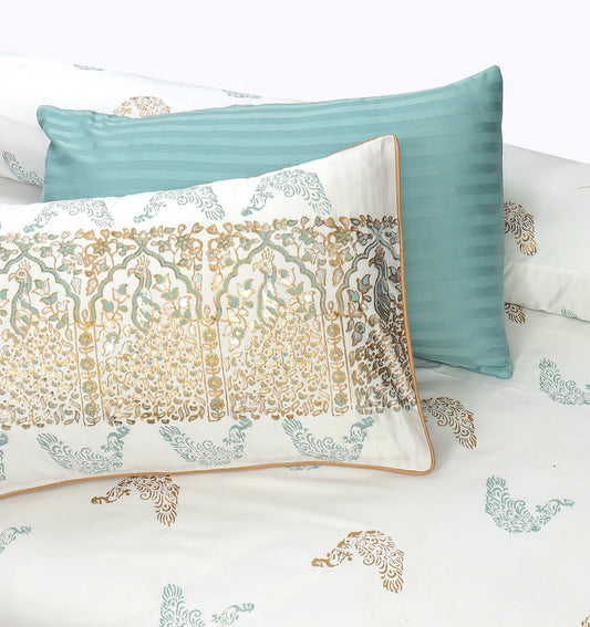 Luxury White & Sea Green Duvet / Razai Cover Set – 8 Pieces (Block Printed)