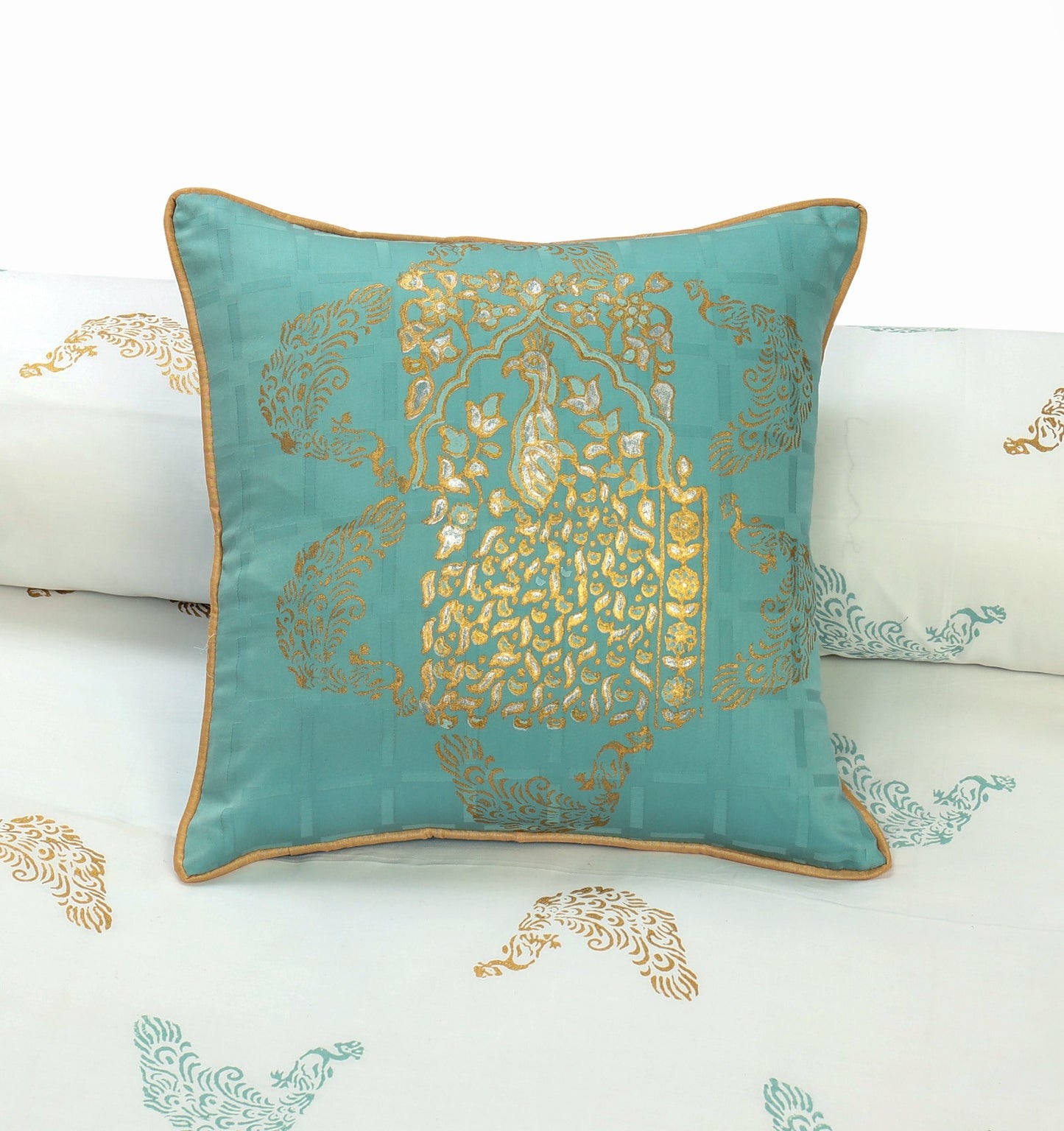 Luxury White & Sea Green Duvet / Razai Cover Set – 8 Pieces (Block Printed)