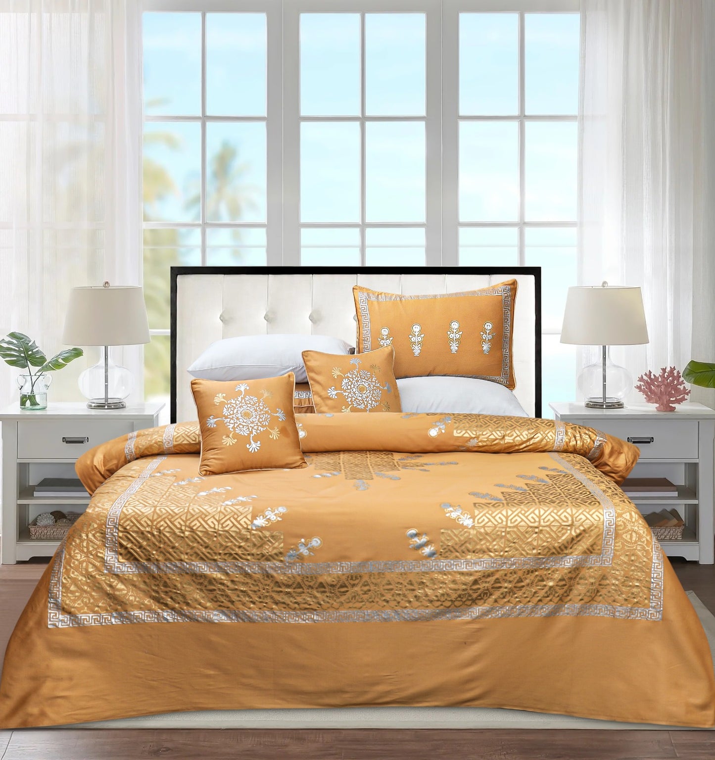 Luxury Golden Duvet, Razai Cover Set 8Pcs Design Block printing work