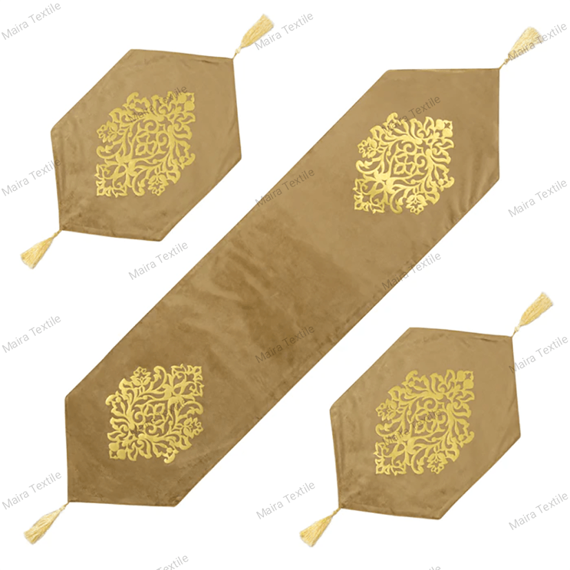 Luxury Velvet Table Mat Runner Set For Dressing Dinning Laser Cut 3Pc Side Table - Maira Textile