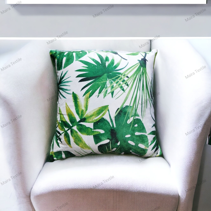 Green & White Flower Digital Print Velvet Cushion Cover Beautiful Design Size 16*16 Inch