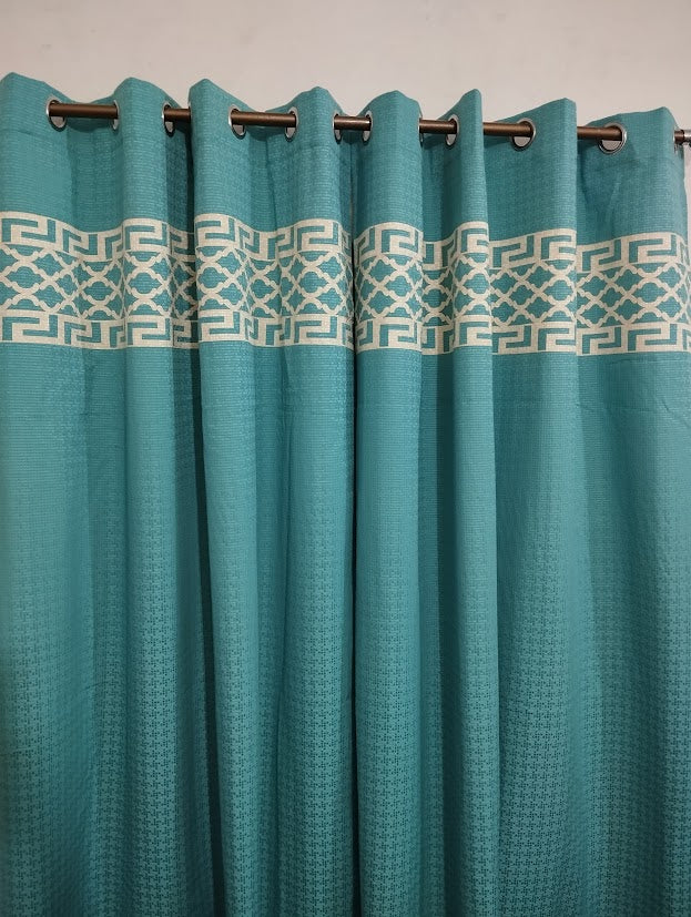 Teal & White Colour Luxury Laser Work Curtains 1 Pair Included Two Panels Jute Fabrics By Maira Textile