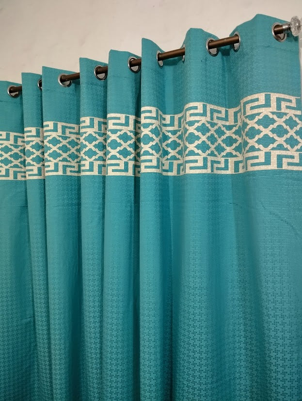 Teal & White Colour Luxury Laser Work Curtains 1 Pair Included Two Panels Jute Fabrics By Maira Textile