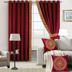Maroon Luxury Laser Work Curtains With Velvet Fabrics Each Panel Size 52×90 Inches