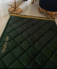 Green Velvet Front Prayer Mat with Cotton Backing & Lace Trim, Customized( Name, design & Colour On Demand) - Maira Textile