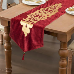 Maroon Velvet Elegance 3-Piece Table Runner Mat Set – Front Velvet, Back Silk - Maira Textile